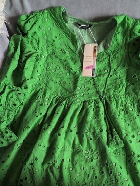 Green Eyelet Tassel Peasant Dress